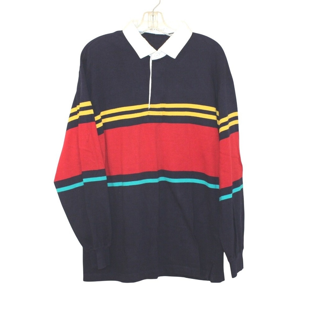 Pro Celebrity Rugby Shirt Large navy blue striped long sleeve cotton polo